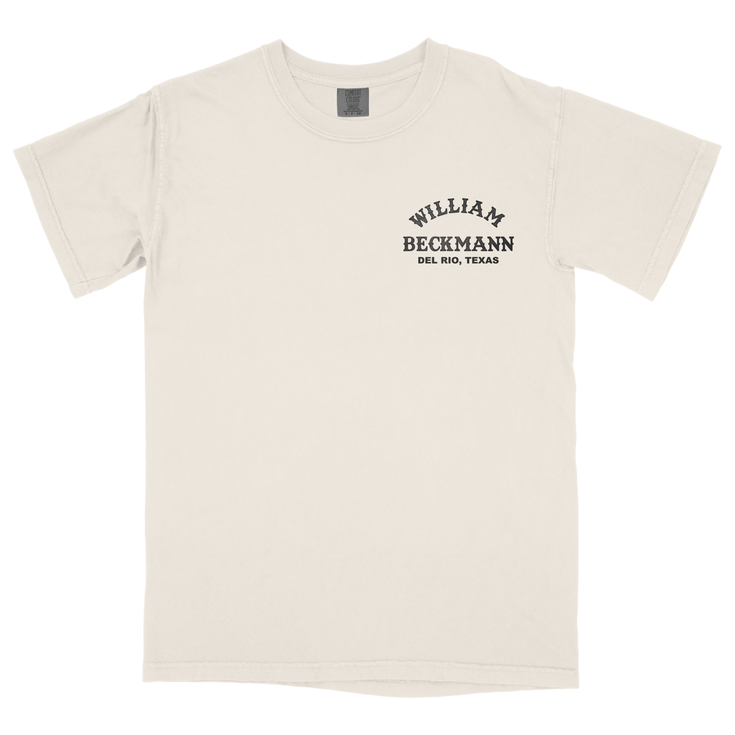 Beige t-shirt with 'William Beckmann' text