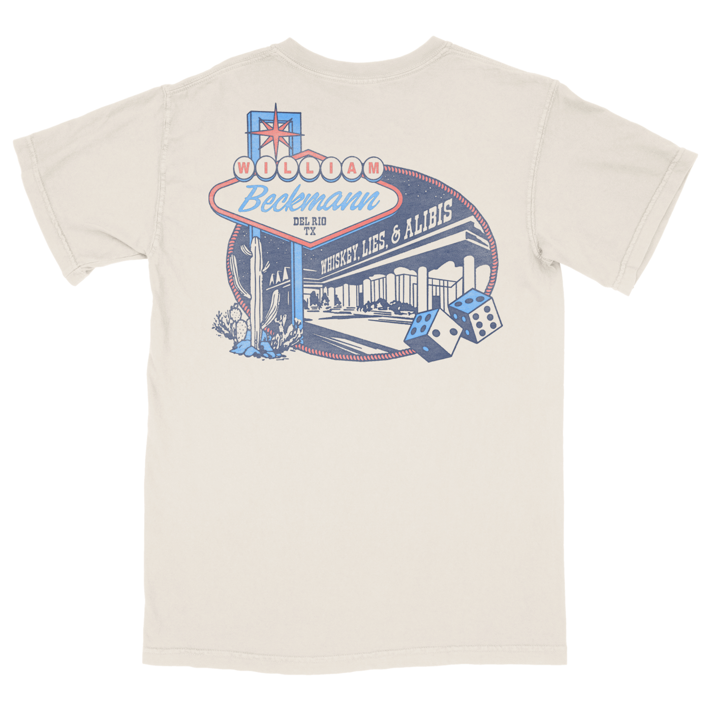 Beige t-shirt with William Beckman logo on the back featuring a neon sign and text.