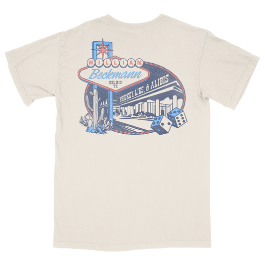 Beige t-shirt with William Beckman logo on the back featuring a neon sign and text.