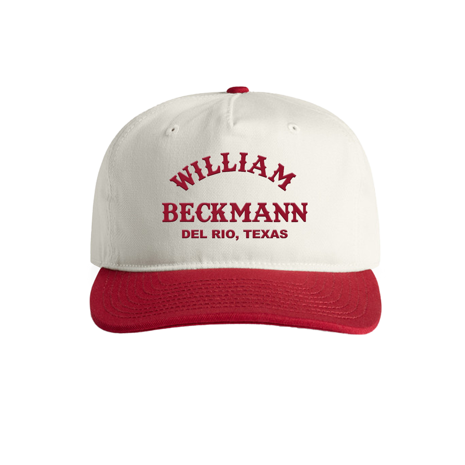 White cap with red brim and text on a white background
