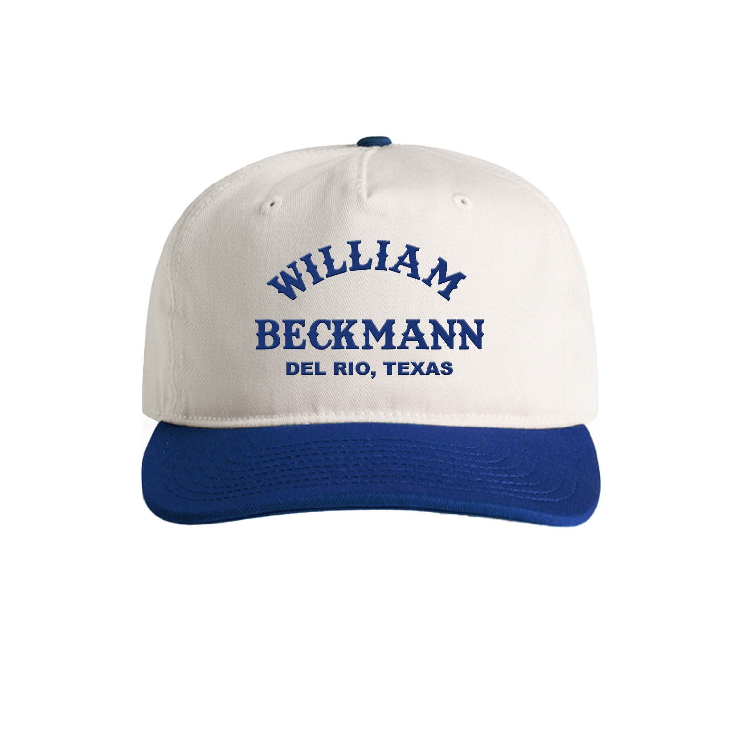 White cap with blue brim and embroidered text on a white background