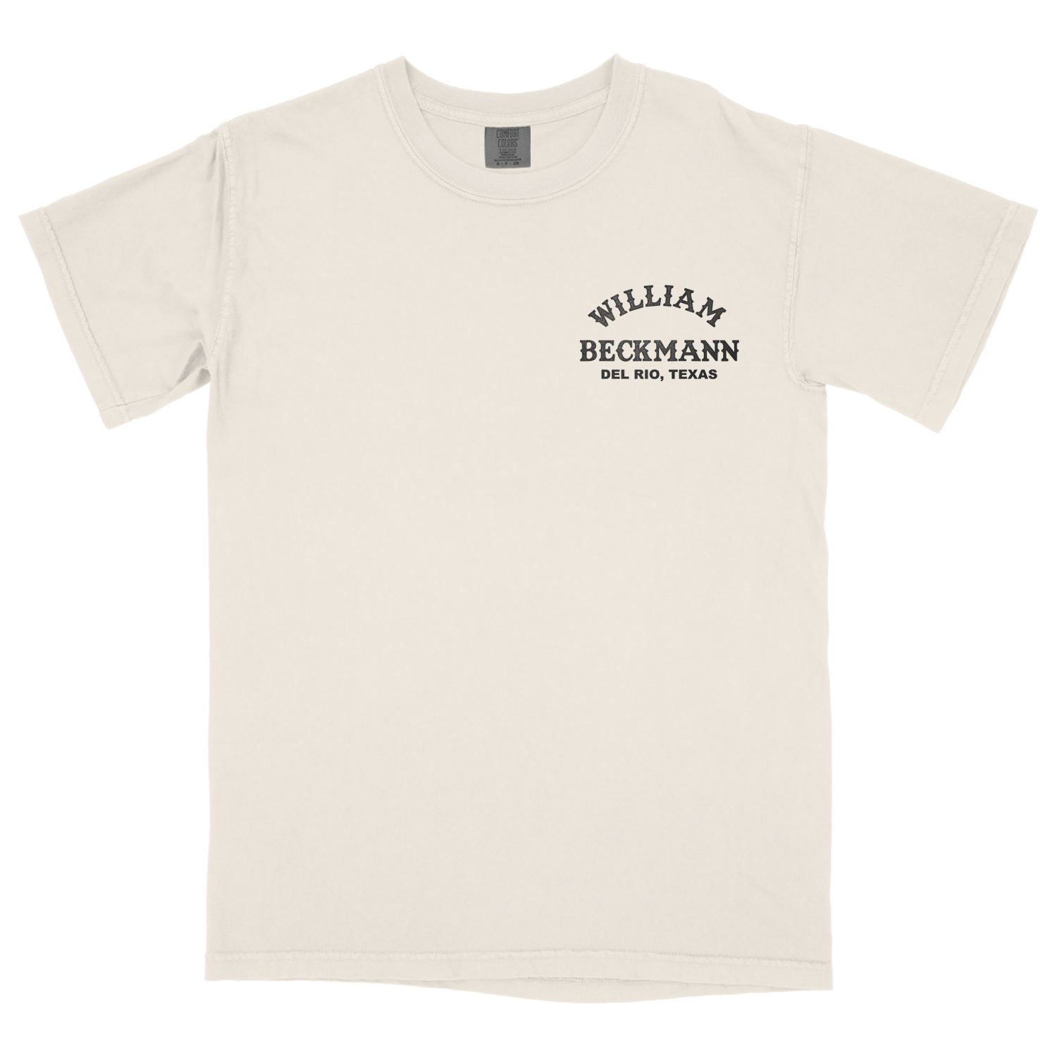 Beige t-shirt with 'William Beckmann' text 