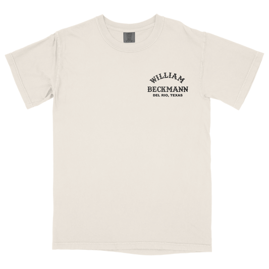 Beige t-shirt with 'William Beckmann' text 