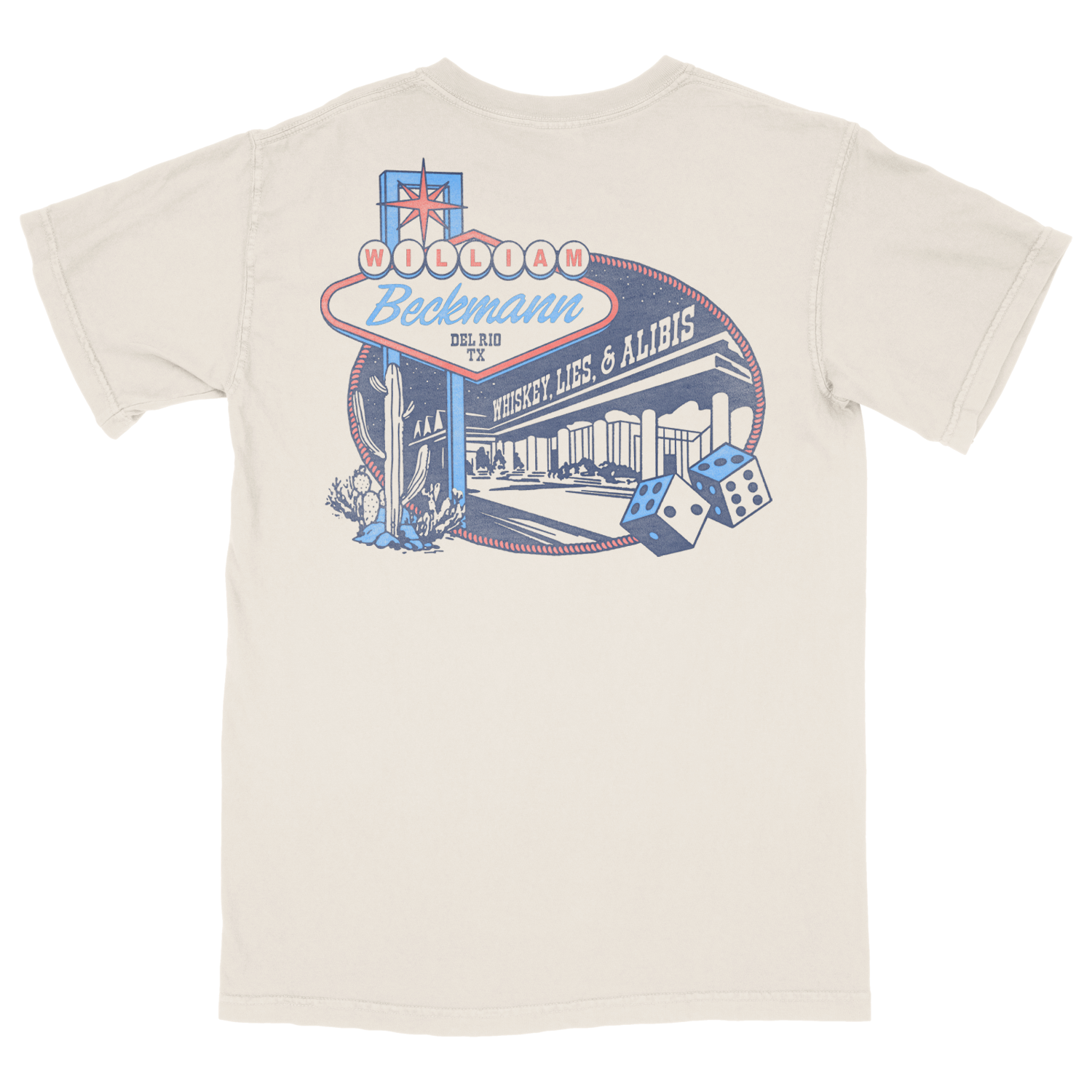 Beige t-shirt with William Beckman logo on the back featuring a neon sign and text.