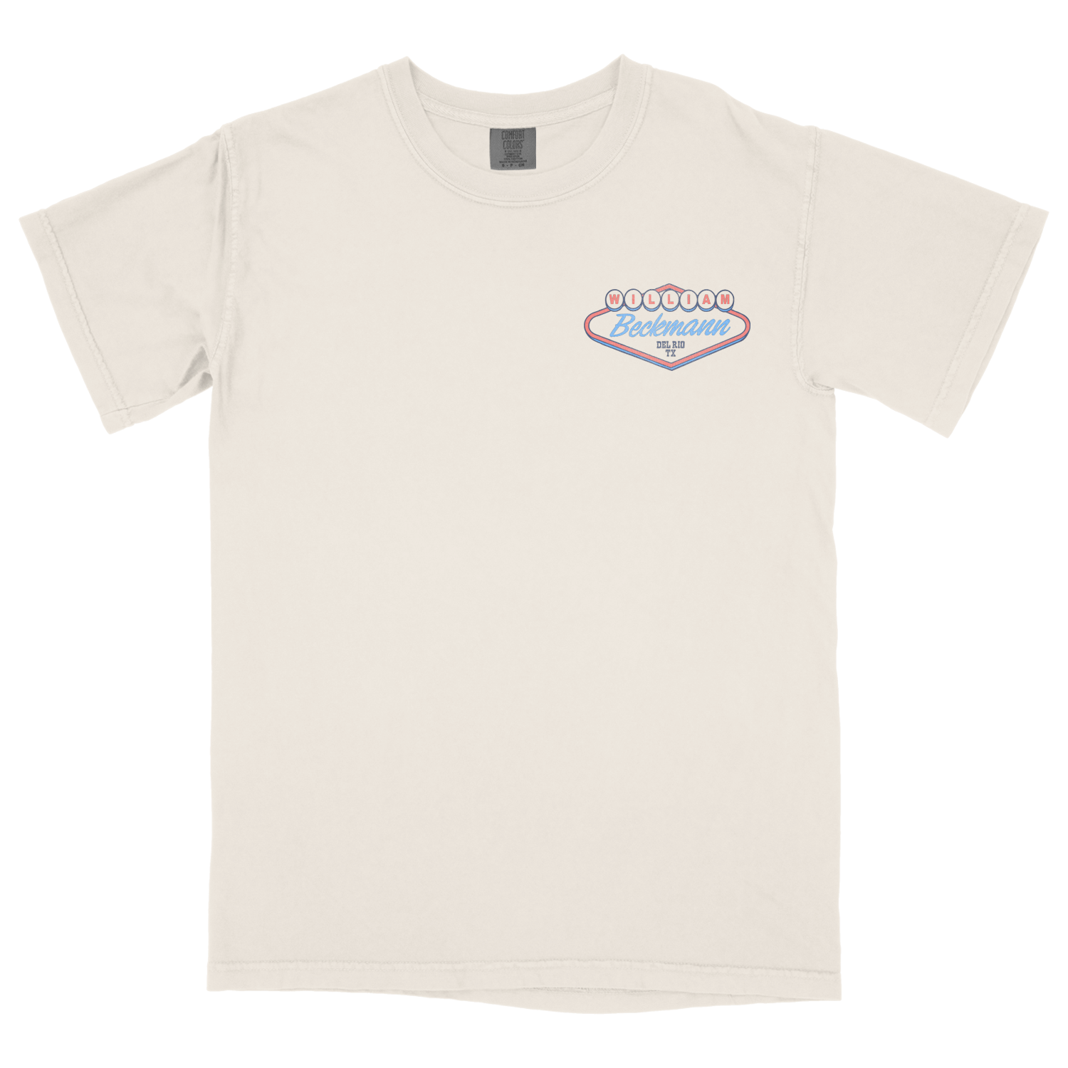 Beige t-shirt with a Las Vegas style "William Beckmann" logo
