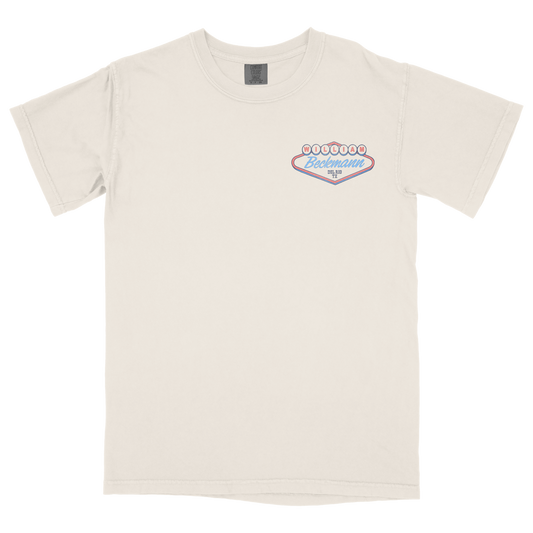 Beige t-shirt with a Las Vegas style "William Beckmann" logo